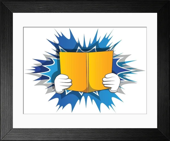 Framed Print : Vector cartoon hand holding a book. Illustrated hand with opened book on comic book background Framed Print : Vector cartoon hand holding a book. Illustrated hand with opened book on comic book background