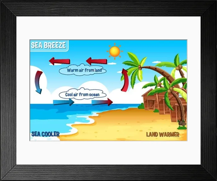 Framed Print : Diagram of sea breeze with land and water illustration Framed Print : Diagram of sea breeze with land and water illustration