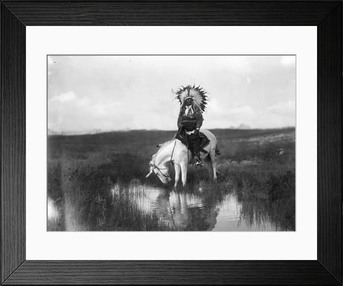 Framed Print : Cheyenne Indian, wearing headdress, on horseback, 1905. Photograph by Edward Curtis (1868-1952) Framed Print : Cheyenne Indian, wearing headdress, on horseback, 1905. Photograph by Edward Curtis (1868-1952)