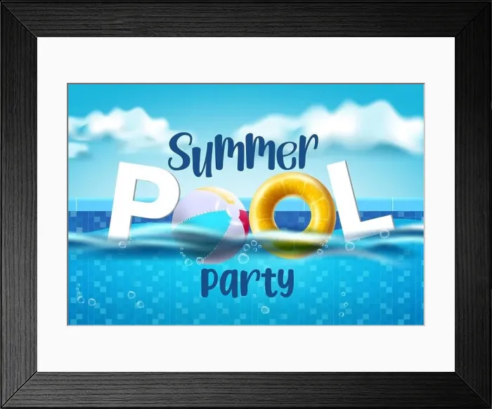 Framed Print : Summer pool party vector banner design. Summer pool party text in swimming pool background with floater and beach ball floating elements for fun Framed Print : Summer pool party vector banner design. Summer pool party text in swimming pool background with floater and beach ball floating elements for fun