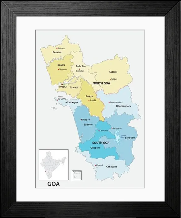Framed Print : Administrative and political vector map of the Indian state of Goa