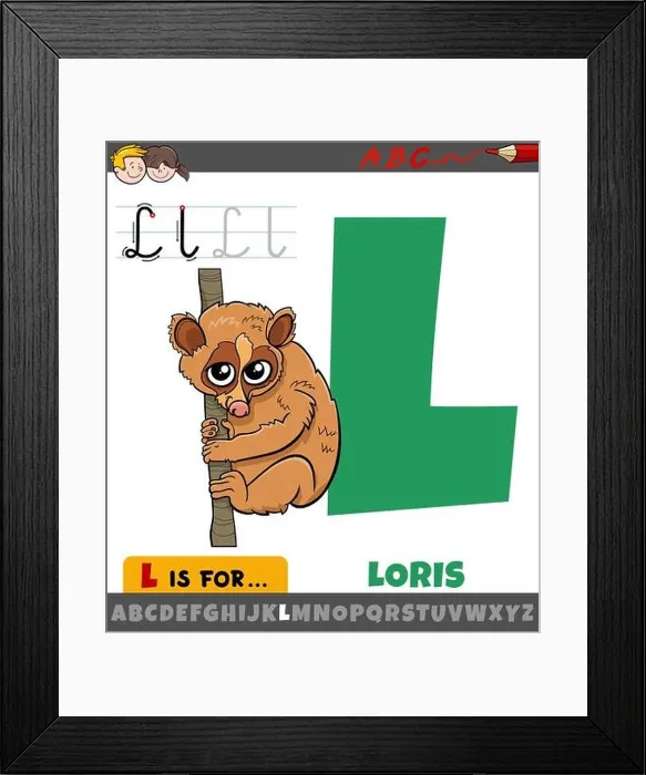 Framed Print : Educational cartoon illustration of letter L from alphabet with loris animal character Framed Print : Educational cartoon illustration of letter L from alphabet with loris animal character