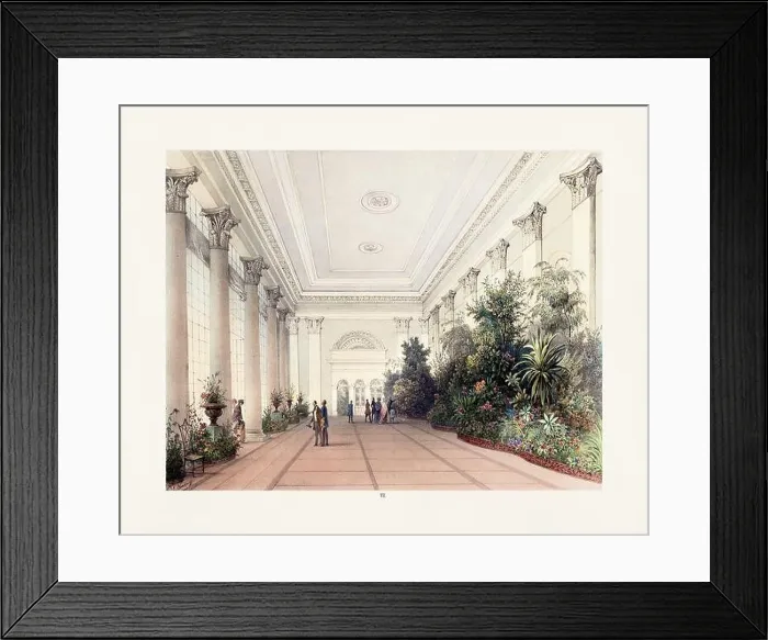 Framed Print : Antique 18th-century illustration: Winter gardens at Vienna's Imperial Palace Hofburg. This color lithograph depicts lush gardens, period-clad people Framed Print : Antique 18th-century illustration: Winter gardens at Vienna's Imperial Palace Hofburg. This color lithograph depicts lush gardens, period-clad people