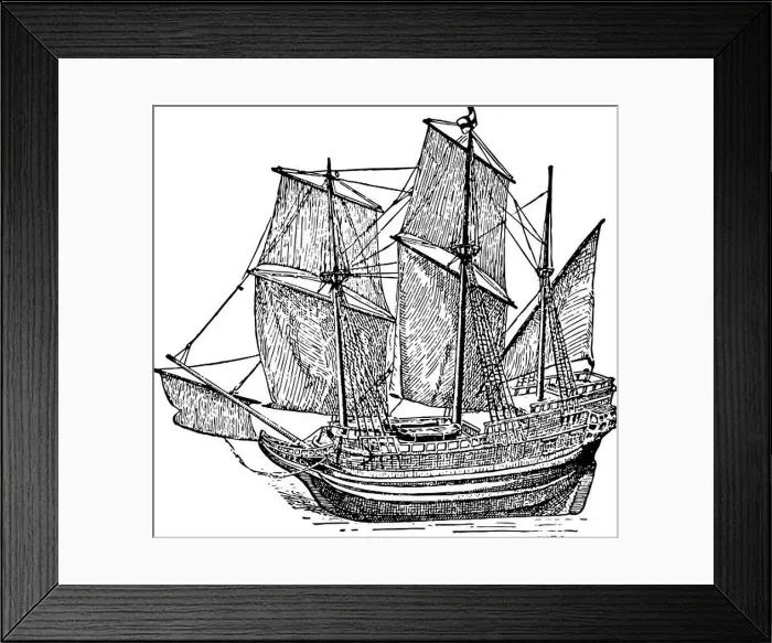 Framed Print : Mayflower was a ship with a beakhead bow and castle like structures with a 30 feet high stern vintage line drawing Framed Print : Mayflower was a ship with a beakhead bow and castle like structures with a 30 feet high stern vintage line drawing