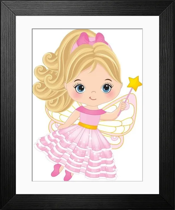 Framed Print : Cute Blond Fairy Girl in Pink Dress Holding Magic Wand. Vector Little Fairy Framed Print : Cute Blond Fairy Girl in Pink Dress Holding Magic Wand. Vector Little Fairy