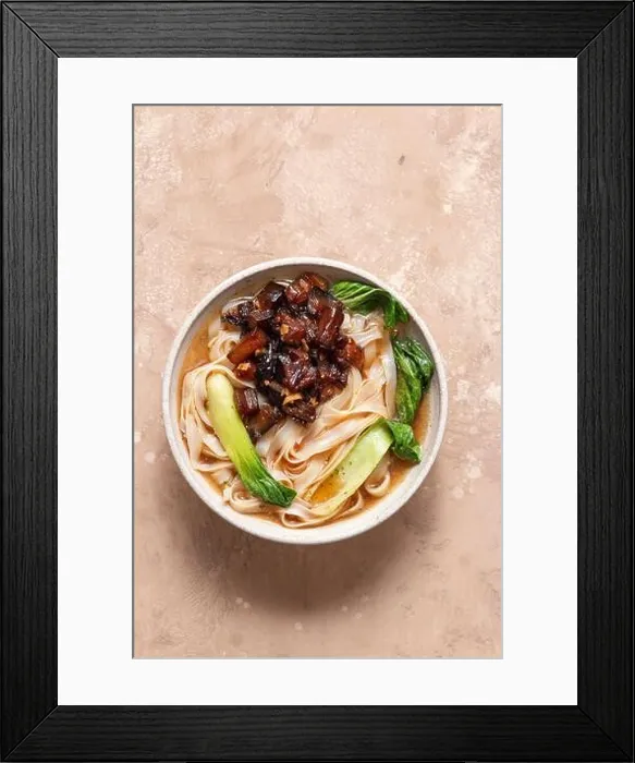 Framed Print : Aubergine pho with pak choi in a ceramic bowl Framed Print : Aubergine pho with pak choi in a ceramic bowl