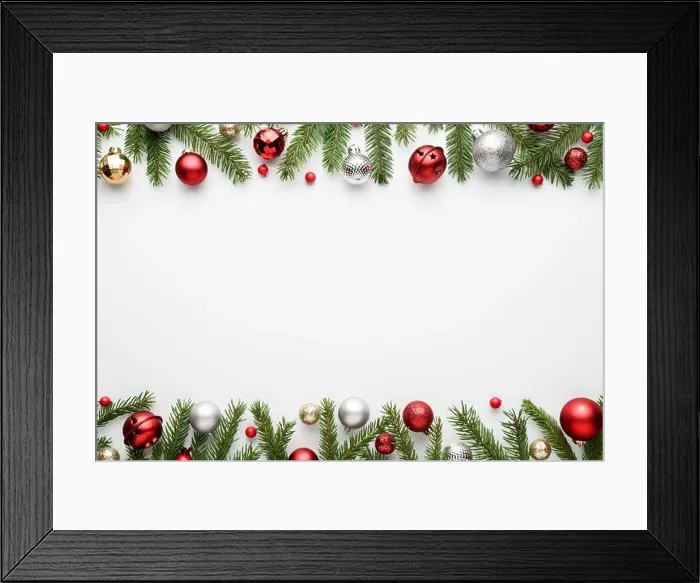 Framed Print : Christmas border on white background. Top view and flat lay with copy space for invitation text Framed Print : Christmas border on white background. Top view and flat lay with copy space for invitation text