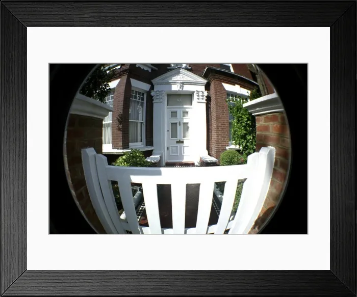Framed Print : Fisheye lens view of front door of house in Hampstead London Framed Print : Fisheye lens view of front door of house in Hampstead London