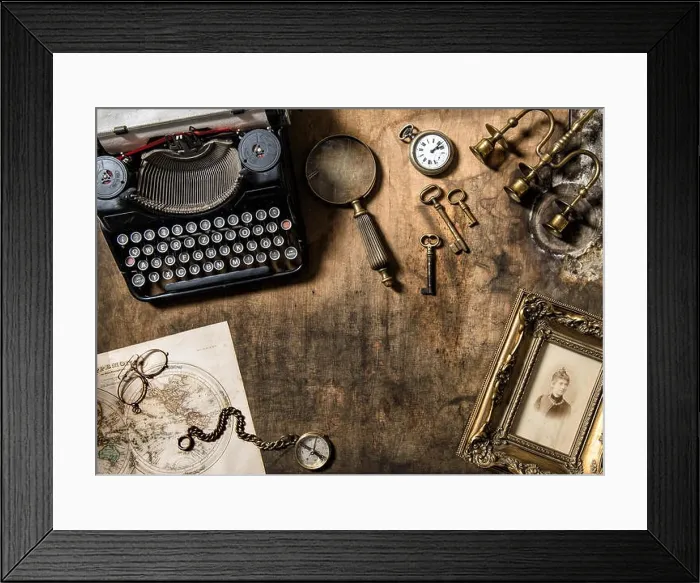 Framed Print : Vintage typewriter and old office accessories on wooden table. Nostalgic still life