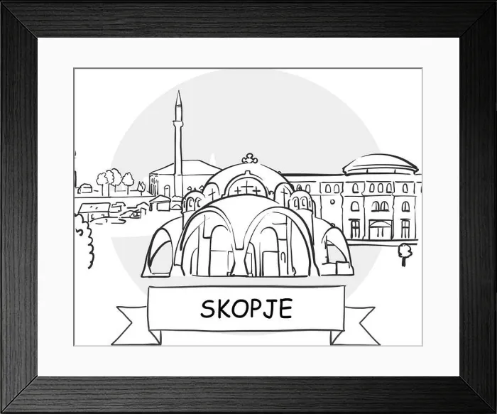 Framed Print : Skopje Cityscape Vector Sign. Line Art Illustration with Ribbon and Title Framed Print : Skopje Cityscape Vector Sign. Line Art Illustration with Ribbon and Title