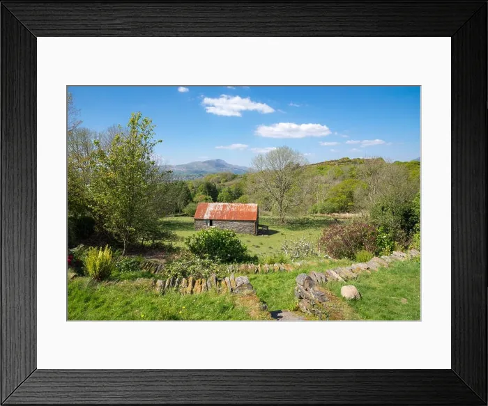 Framed Print : Old stone barn in the hills of Snowdonia with views of the mountains beyond. A sunny day in early summer Framed Print : Old stone barn in the hills of Snowdonia with views of the mountains beyond. A sunny day in early summer