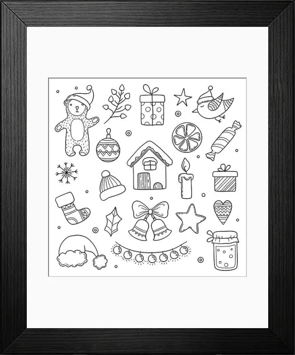 Framed Print : Christmas doodles. Winter season xmas characters animals cute gifts tree clothes snowflakes vector drawing pictures Framed Print : Christmas doodles. Winter season xmas characters animals cute gifts tree clothes snowflakes vector drawing pictures