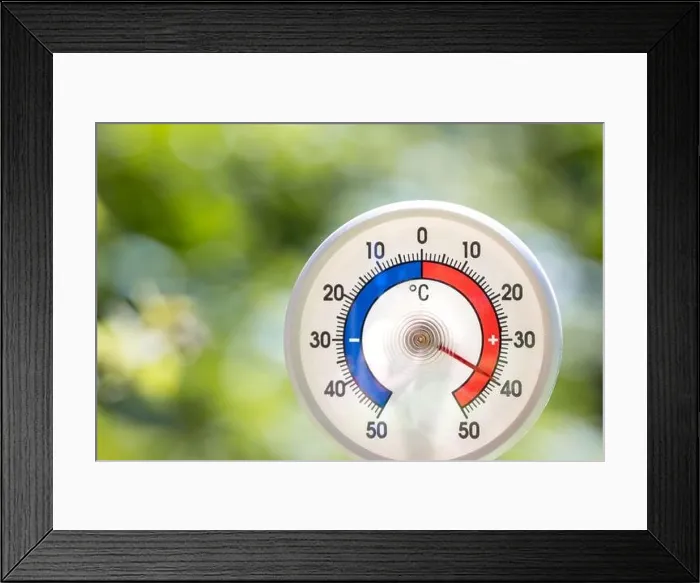 Framed Print : Outdoor thermometer with celsius scale shows hot temperature 40 degree - hot summer weather concept