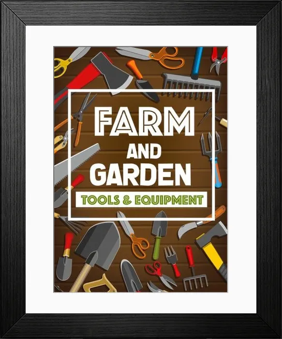 Framed Print : Farm tools and garden equipment poster for gardener shop Framed Print : Farm tools and garden equipment poster for gardener shop