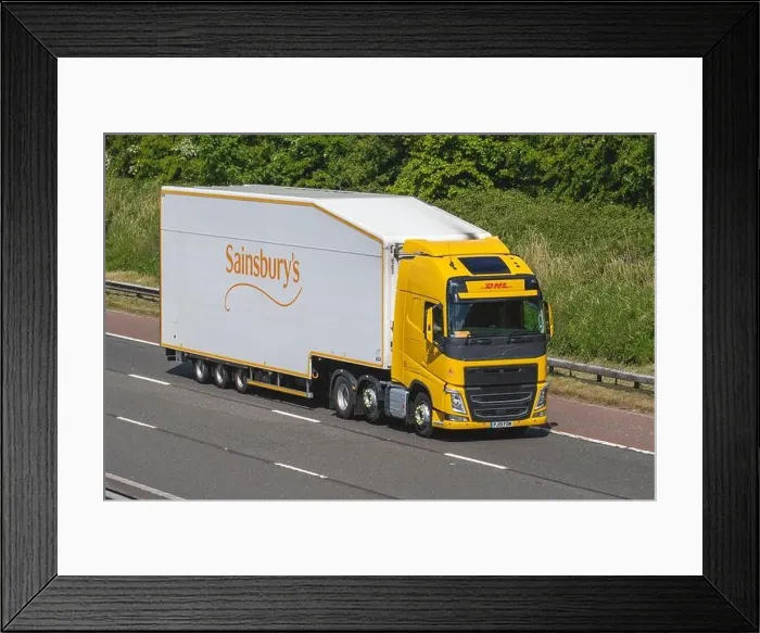 Framed Print : Sainsbury's articulated food trailer; DHL Haulage delivery trucks Framed Print : Sainsbury's articulated food trailer; DHL Haulage delivery trucks