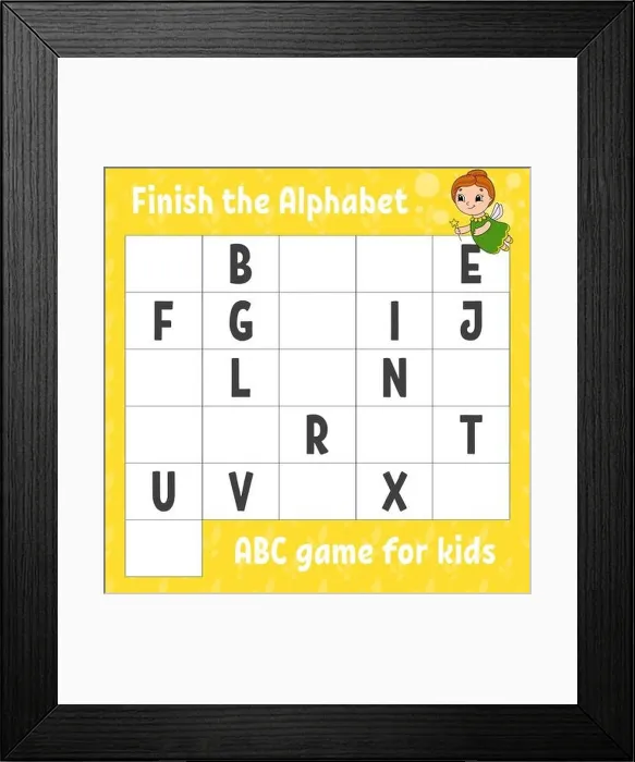 Framed Print : Finish the alphabet. ABC game for kids. Education developing worksheet. Learning game for kids. Color activity page Framed Print : Finish the alphabet. ABC game for kids. Education developing worksheet. Learning game for kids. Color activity page