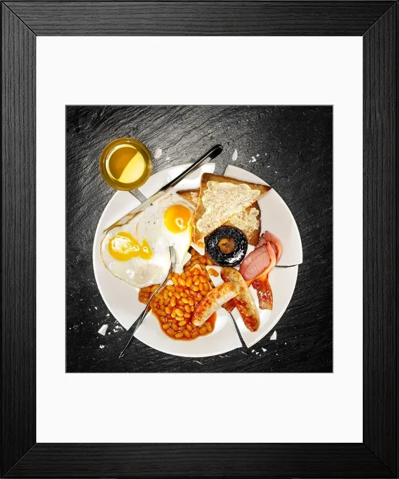 Framed Print : A full breakfast containing bacon, eggs, sausage, baked beans, mushroom and toast Framed Print : A full breakfast containing bacon, eggs, sausage, baked beans, mushroom and toast