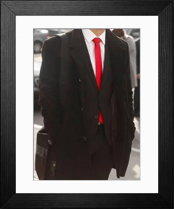 Framed Print : Black men's coat and suit with white shirt and red tie close-up Framed Print : Black men's coat and suit with white shirt and red tie close-up