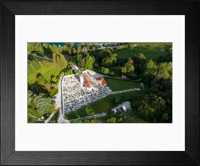 Framed Print : Church and Cemetery at Most na Soci in Slovenia. Aerial Drone View Framed Print : Church and Cemetery at Most na Soci in Slovenia. Aerial Drone View