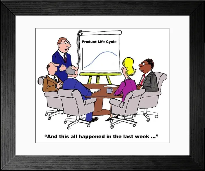 Framed Print : Business cartoon of meeting and chart showing a complete product life cycle Framed Print : Business cartoon of meeting and chart showing a complete product life cycle