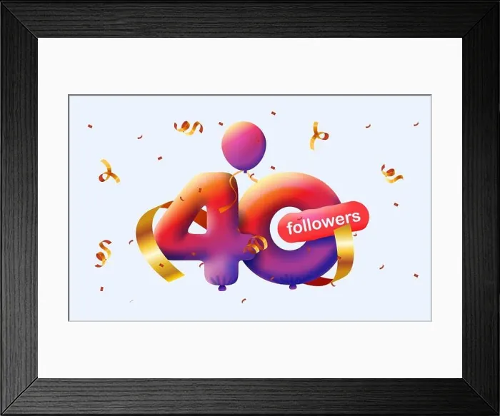 Framed Print : Banner with 40 followers thank you in form of 3d red balloons and colorful confetti Framed Print : Banner with 40 followers thank you in form of 3d red balloons and colorful confetti