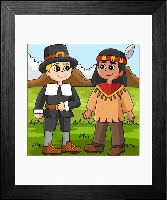 Framed Print : Thanksgiving Native American Pilgrim Illustration Framed Print : Thanksgiving Native American Pilgrim Illustration
