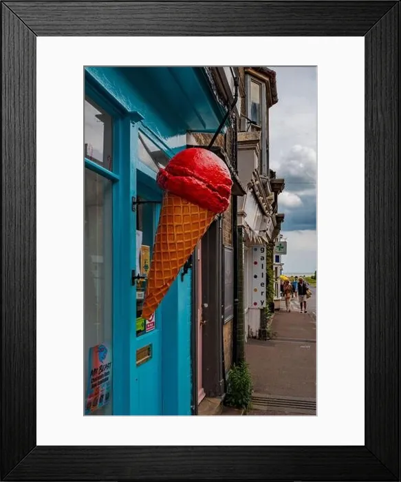 Framed Print : Colourful red ice cream cone display outside a traditional Ice Cream Shop in Southwold Framed Print : Colourful red ice cream cone display outside a traditional Ice Cream Shop in Southwold