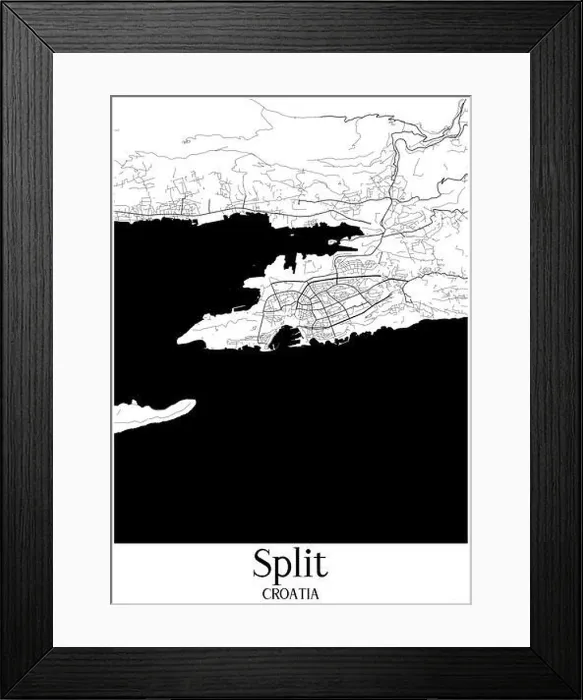 Framed Print : Black and white urban map of split Framed Print : Black and white urban map of split