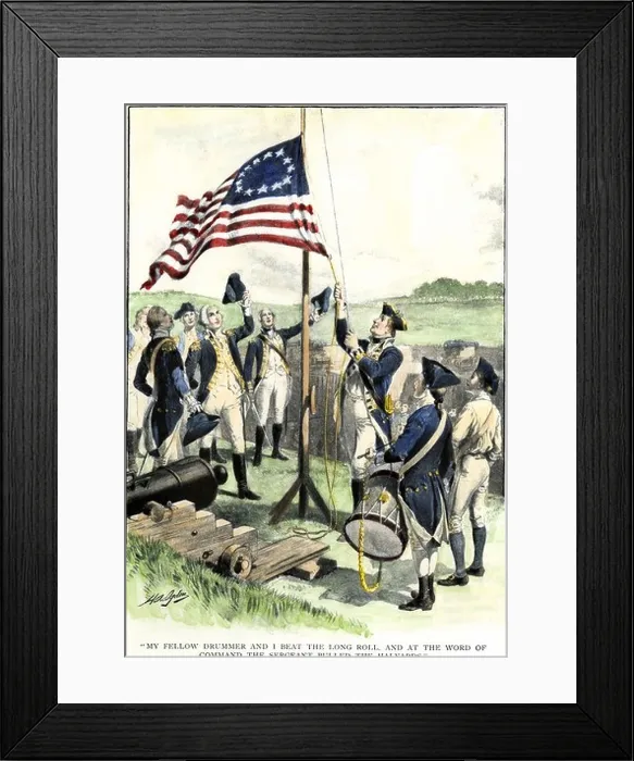 Framed Print : American soldiers hoisting the 13-star flag during the Revolutionary War. Hand-colored halftone of an illustration Framed Print : American soldiers hoisting the 13-star flag during the Revolutionary War. Hand-colored halftone of an illustration