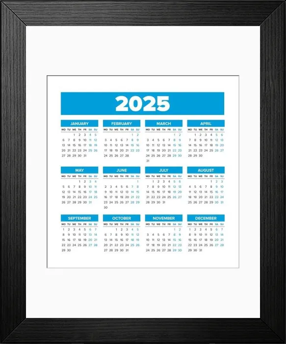 Framed Print : Simple Vector Calendar 2025. Weeks start on Monday Framed Print : Simple Vector Calendar 2025. Weeks start on Monday