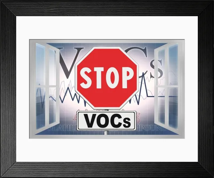 Framed Print : STOP Volatile organic compounds VOCs indoor pollutant - concept image view from an open window