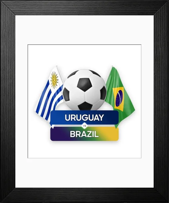 Framed Print : Uruguay vs Brazil national teams soccer football match competition concept Framed Print : Uruguay vs Brazil national teams soccer football match competition concept