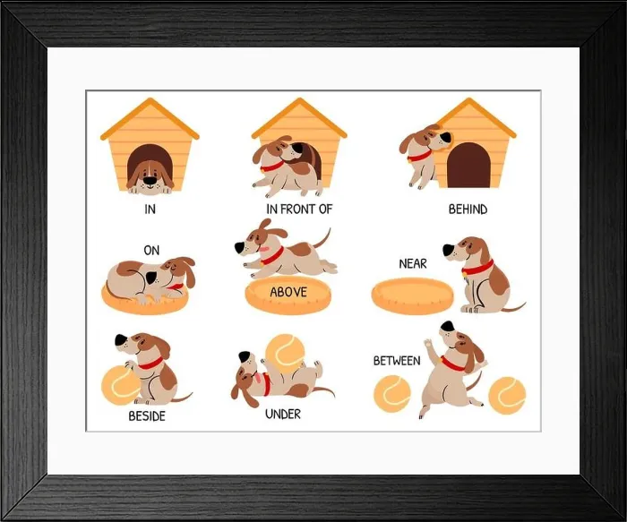 Framed Print : English prepositions with cute animal Framed Print : English prepositions with cute animal