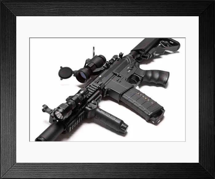Framed Print : US Army Spec Ops M4A1 custom build assault carbine with RIS / RAS, red dot sight and tactical flashlight Framed Print : US Army Spec Ops M4A1 custom build assault carbine with RIS / RAS, red dot sight and tactical flashlight