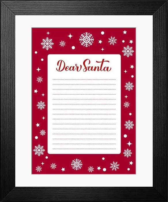 Framed Print : Christmas wish list card. Dear Santa calligraphy hand lettering on red background with snowflakes Framed Print : Christmas wish list card. Dear Santa calligraphy hand lettering on red background with snowflakes