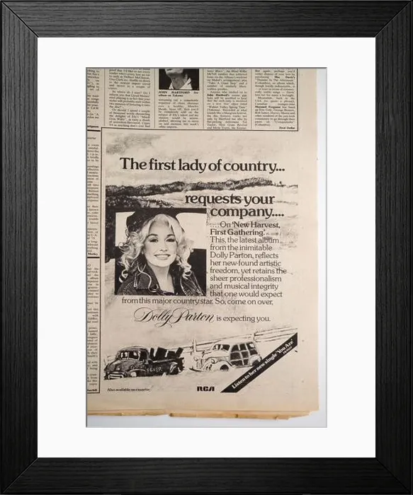 Framed Print : 1970s advert for New Harvest First Gathering album by Dolly Parton in the NME music Paper Framed Print : 1970s advert for New Harvest First Gathering album by Dolly Parton in the NME music Paper