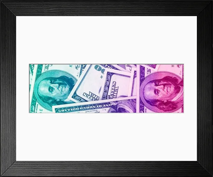 Framed Print : American dollars background in neon light, banner photo Framed Print : American dollars background in neon light, banner photo