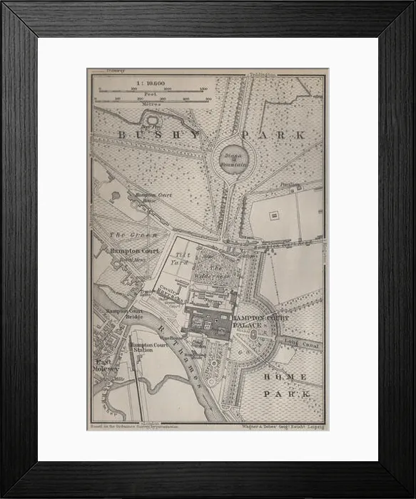 Framed Print : HAMPTON COURT PALACE & BUSHY PARK. East Molesey. London. BAEDEKER, 1930 map Framed Print : HAMPTON COURT PALACE & BUSHY PARK. East Molesey. London. BAEDEKER, 1930 map