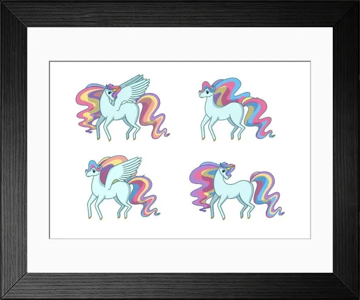 Framed Print : Set of alicorn, unicorn, pegasus and horse with waving rainbow mane and tail. Vector illustration in cartoon style Framed Print : Set of alicorn, unicorn, pegasus and horse with waving rainbow mane and tail. Vector illustration in cartoon style