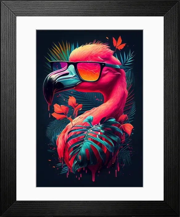 Framed Print : Flamingo portrait. Brightly colored Pink Flamingo with glasses for summer vibes. flamingo tropicalpunk Framed Print : Flamingo portrait. Brightly colored Pink Flamingo with glasses for summer vibes. flamingo tropicalpunk