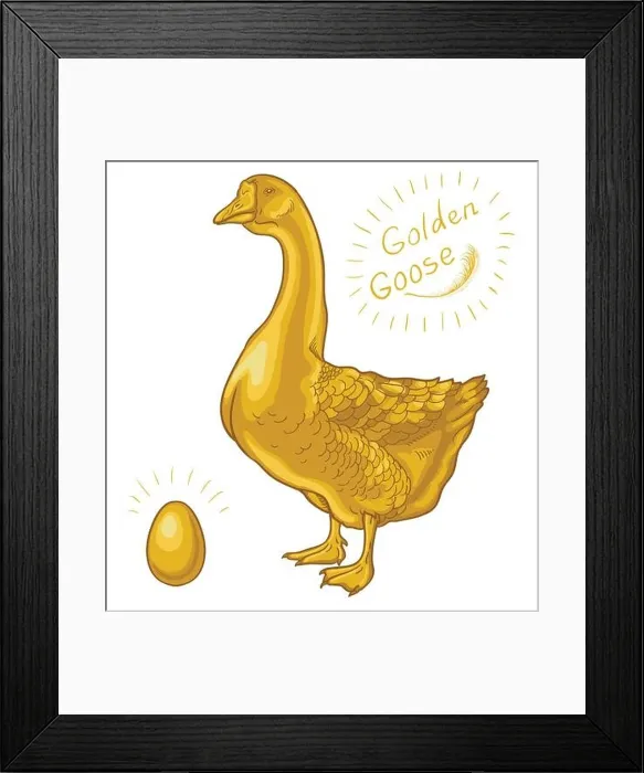 Framed Print : Golden Goose, goose on a white background, golden egg