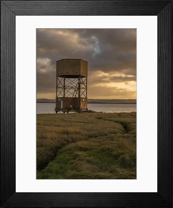 Framed Print : WW2 radar control building disguised as a water tower on the edge of the River Thames at Coalhouse Fort Essex at sunset