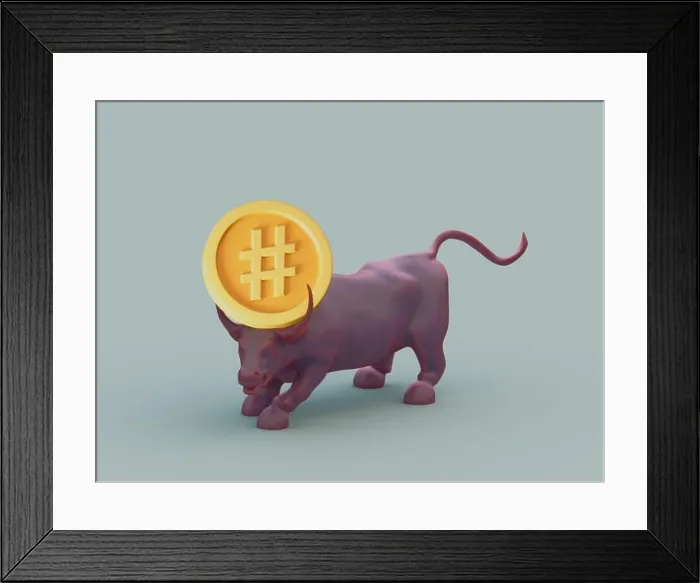 Framed Print : 3D rendering of a bull figurine with the cryptocurrency coin on a gray background Framed Print : 3D rendering of a bull figurine with the cryptocurrency coin on a gray background