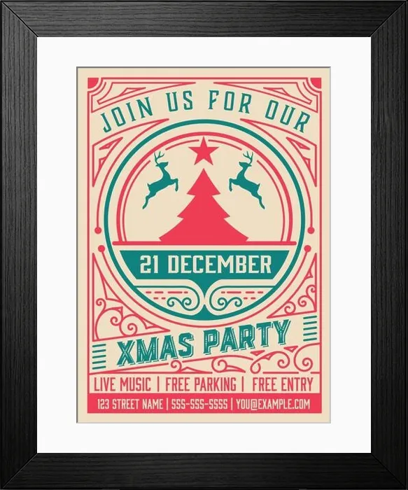 Framed Print : Retro Christmas party invitation. Holidays flyer or poster design. Vector Layered Framed Print : Retro Christmas party invitation. Holidays flyer or poster design. Vector Layered