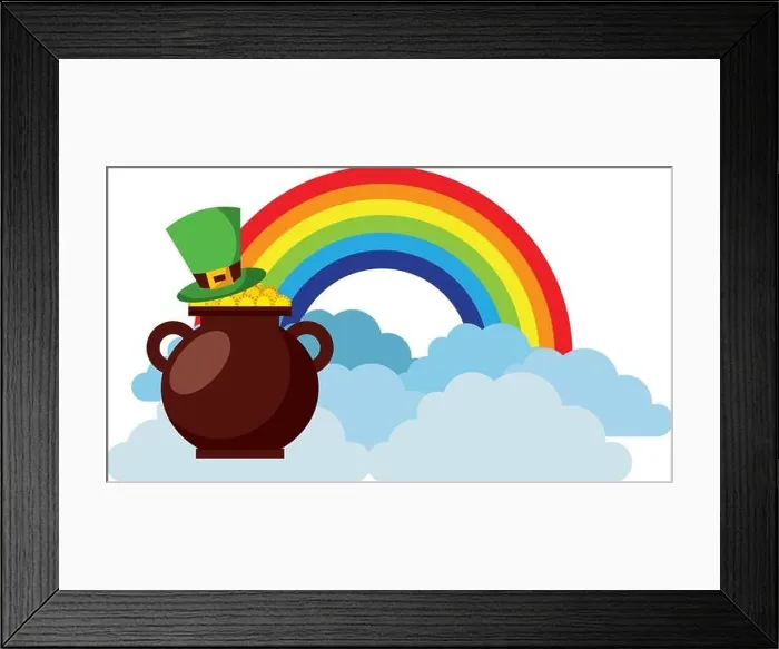 Framed Print : hat of leprechaun with pot coins treasure rainbow cloud fantasy Framed Print : hat of leprechaun with pot coins treasure rainbow cloud fantasy