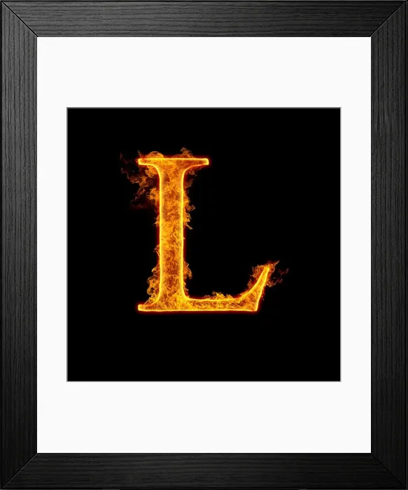 Framed Print : Fire alphabet letter L isolated on black background