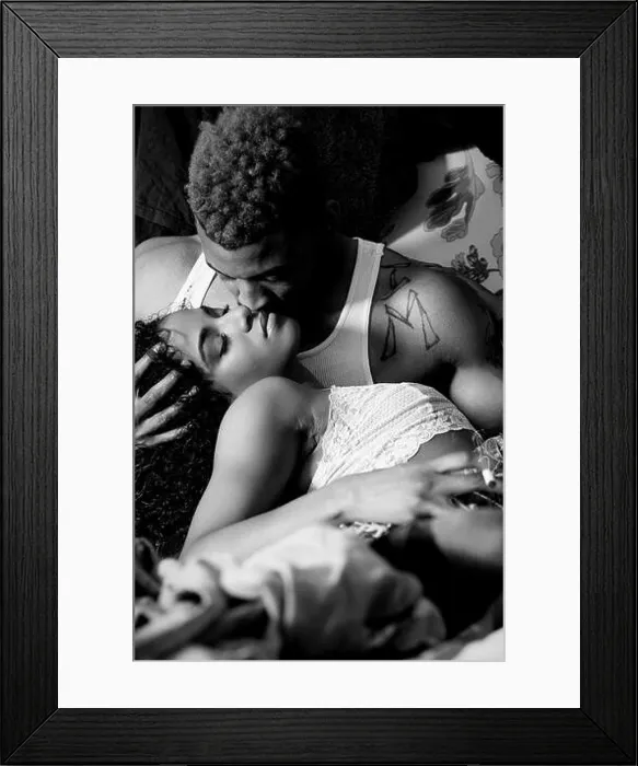 Framed Print : Black Man and Black Woman Embracing in a Hotel Room Framed Print : Black Man and Black Woman Embracing in a Hotel Room