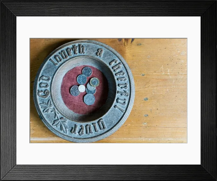 Framed Print : Money on a church collection plate. With God Loveth a Cheerful Giver carved round the side Framed Print : Money on a church collection plate. With God Loveth a Cheerful Giver carved round the side