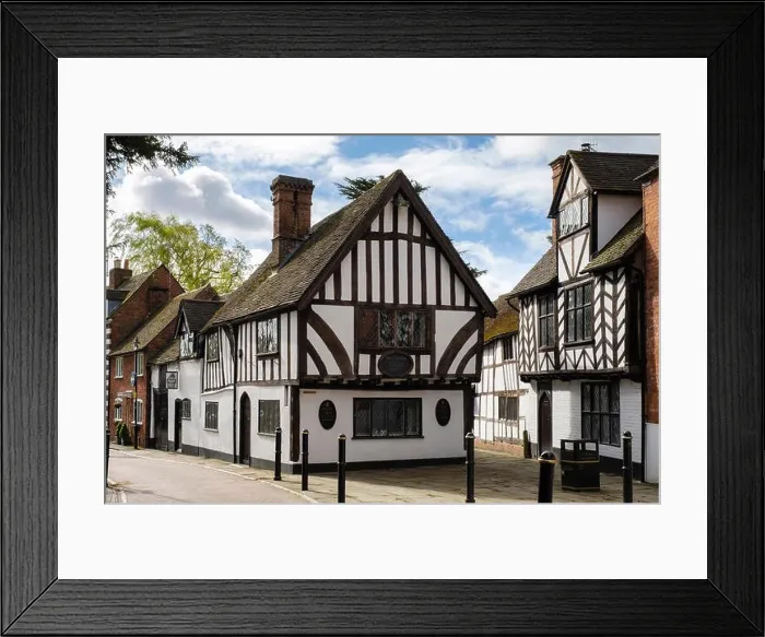 Framed Print : Black and white half timbered Oken's House housing Thomas Oken Tea Rooms