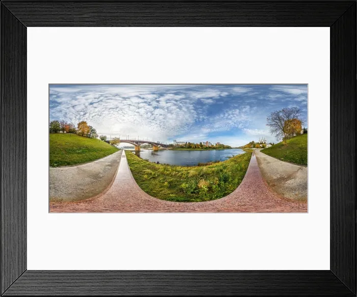 Framed Print : full seamless spherical panorama 360 degrees angle view on bank of wide river in front of bridge in city center Framed Print : full seamless spherical panorama 360 degrees angle view on bank of wide river in front of bridge in city center